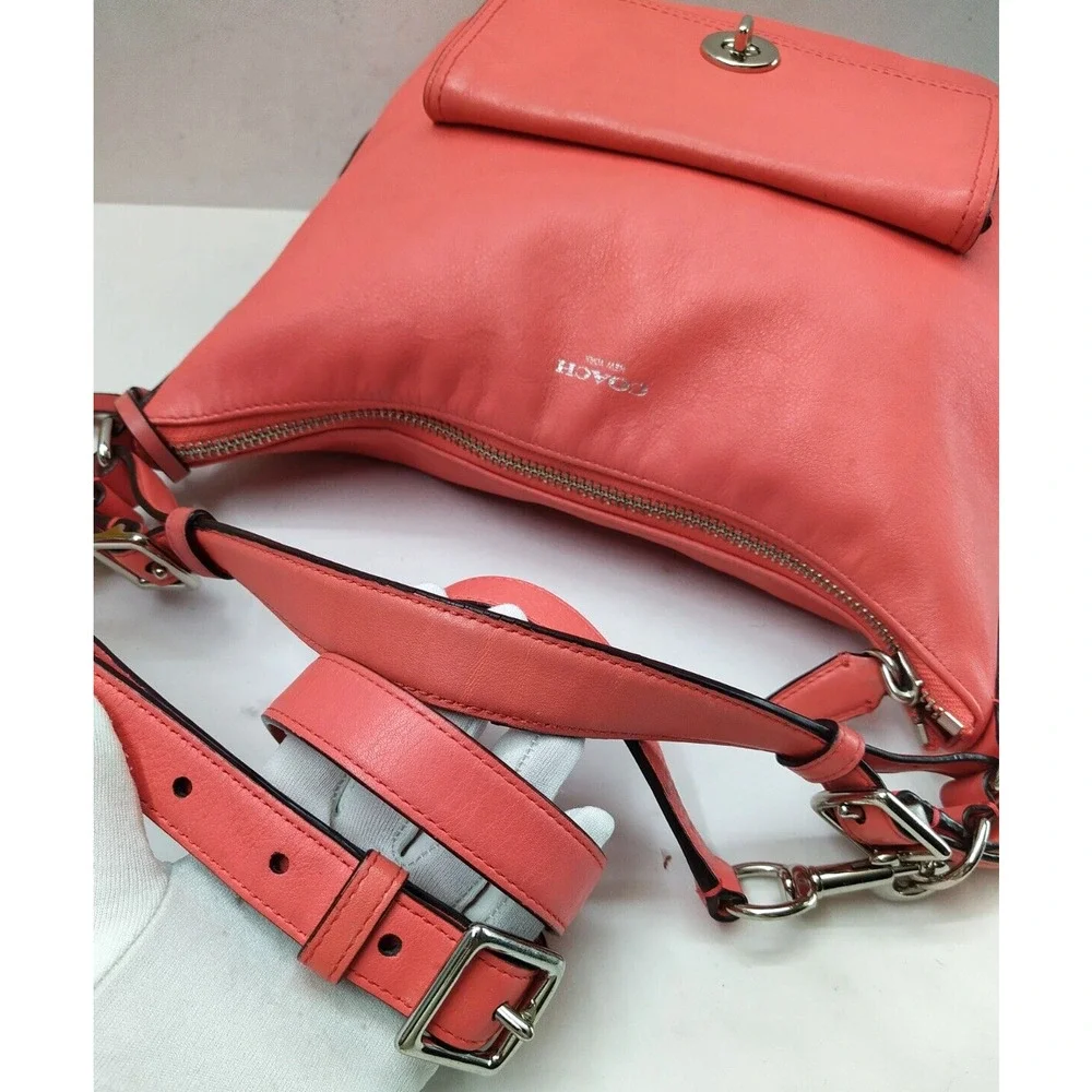 Coach Courtenay Coral Pink Leather Turnlock Pocket Tassel Hobo Shoulder Bag